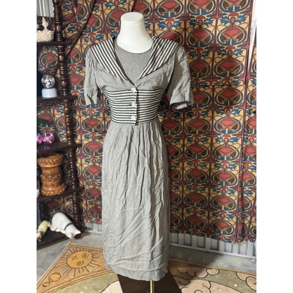 Vintage JBS LTD Gray White Striped Sailor Collar Midi Dress - Picture 1 of 3